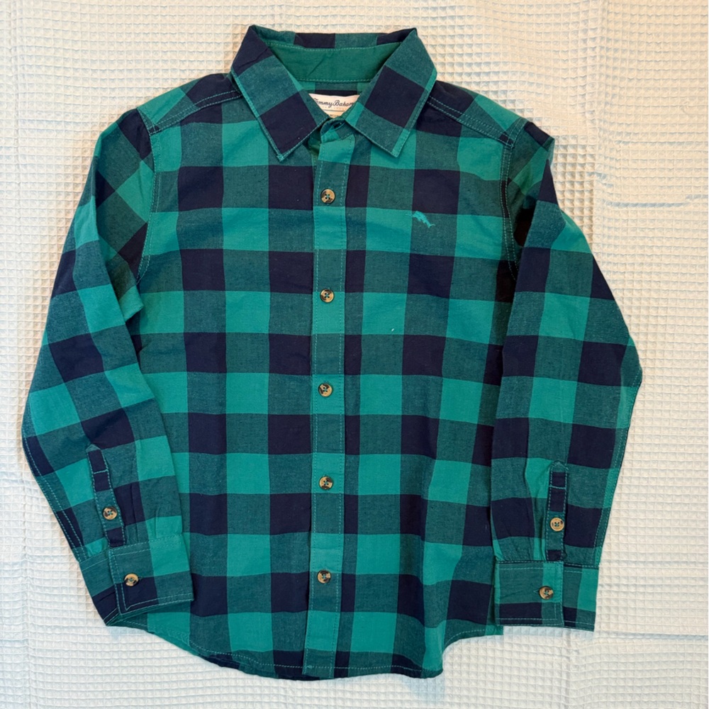 Tommy Bahama Teal and Navy Plaid Boys Shirt